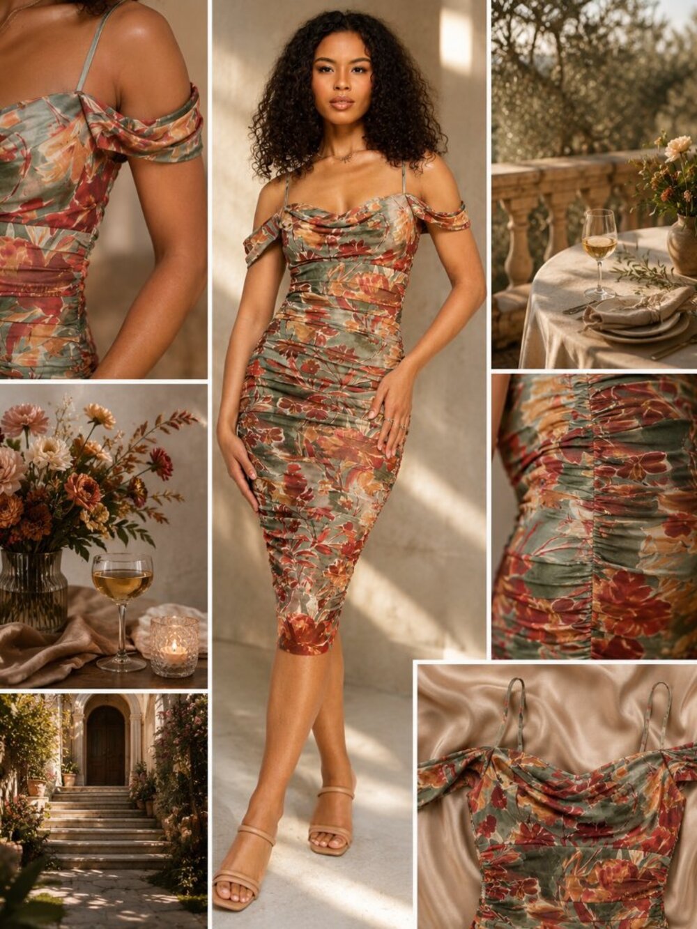 Katia Rae Olive Floral Ruched Cold Shoulder Bodycon Midi Dress XXS NWT